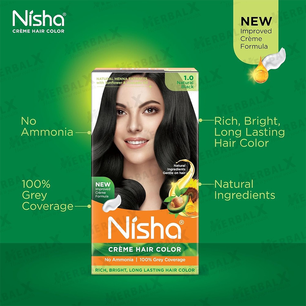 Nisha Permanent Hair Color Natural Black | Henna Extract | Silky & Shiny | 100% Grey Coverage | Ammonia Free - 60g+60ml - Image 7