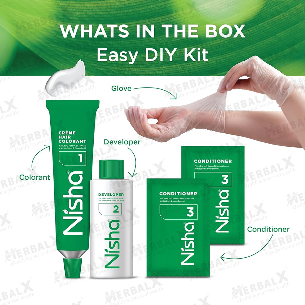 Nisha Permanent Hair Color Natural Black | Henna Extract | Silky & Shiny | 100% Grey Coverage | Ammonia Free - 60g+60ml - Image 4