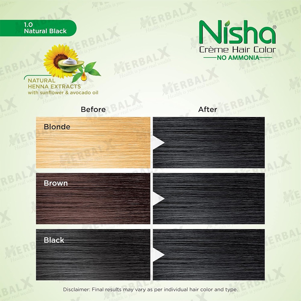 Nisha Permanent Hair Color Natural Black | Henna Extract | Silky & Shiny | 100% Grey Coverage | Ammonia Free - 60g+60ml - Image 6