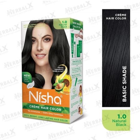 Nisha Permanent Hair Color Natural Black | Henna Extract | Silky & Shiny | 100% Grey Coverage | Ammonia Free - 60g+60ml