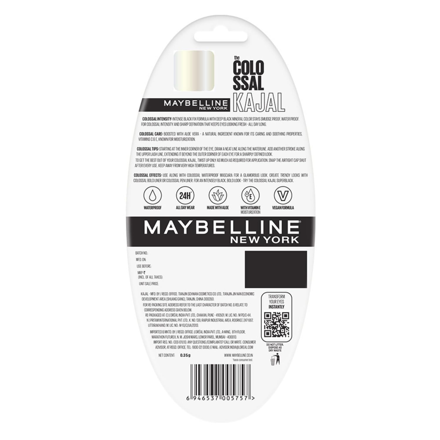 Maybelline New York Intense Colour Colossal Kajal | Black & Matte Finish | Stay Up To 24 Hours | Water-proof & Smudge Resistant | with Aloe Vera, Vitamin C & E - 0.35g - Image 5