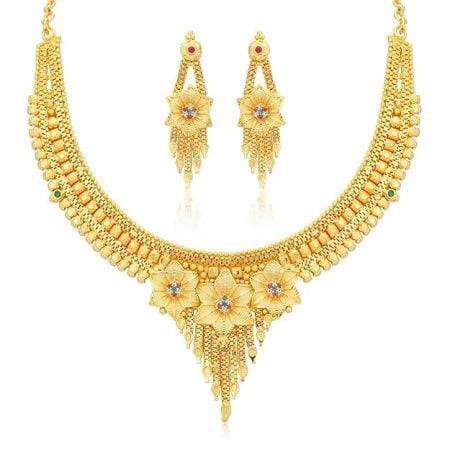 Gold Plated Necklace & Earrings Set | Floral Design with Colorful Stones | Create Rich & Luxurious Texture