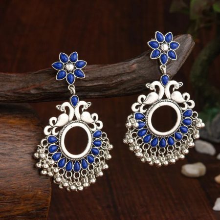 Oxidised Silver Plated Floral Peacock Kundan | Stylish & Trendy Jhumka Earring |  Unique Style & Elegant