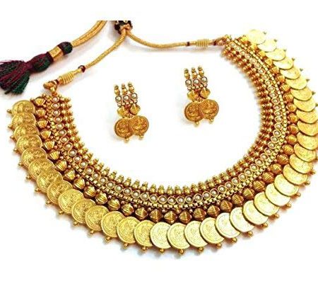Red Traditional Temple coin Necklace + Earrings | High Quality Polish & Shine