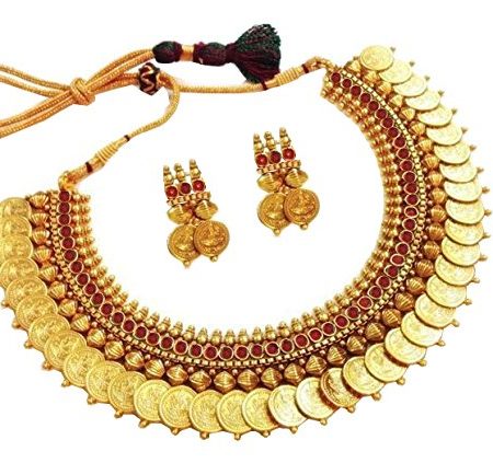 Red Traditional Temple coin Necklace + Earrings | High Quality Polish & Shine