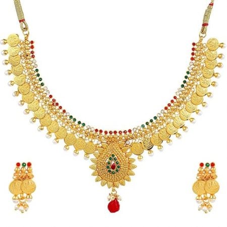 Red Traditional Temple coin Necklace + Earrings | High Quality Polish & Shine